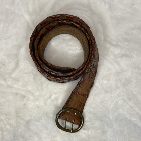 J.Crew Brown Leather Boho Embroidered Weaved Belt Size Medium 1.5” - Picture 3 of 11